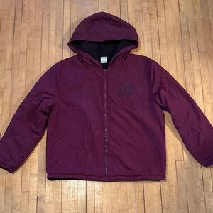 Victoria's Secret Hooded Raincoat in Maroon zip up hoodie. Ties are missing.